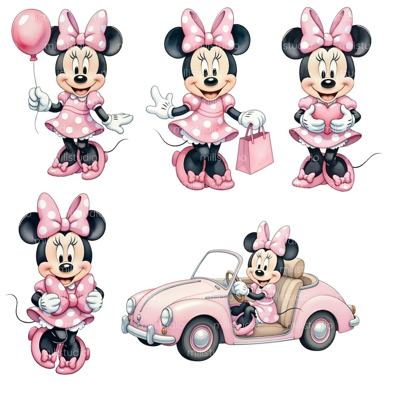 K&ouml;nnte beinhalten: Illustrationen von Minnie Mouse in verschiedenen Posen. Minnie tr&auml;gt ein rosa Kleid mit wei&szlig;en Punkten und eine Schleife. Sie h&auml;lt einen Ballon, eine Einkaufstasche und ein Herz. Ein Bild zeigt Minnie in einem rosa Cabriolet.