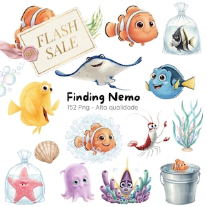 Puede incluir: Ilustraciones en acuarela de personajes de la película "Buscando a Nemo". La imagen incluye a Nemo, Dory y otras criaturas marinas, junto con el texto "FLASH SALE."