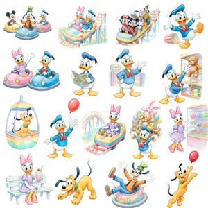 Puede incluir: Una colecci&oacute;n de ilustraciones coloridas con personajes de Disney en varios escenarios de parques de atracciones. Pato Donald, Daisy, Mickey Mouse, Minnie Mouse, Goofy y Pluto se muestran en atracciones, con globos y disfrutando de golosinas.