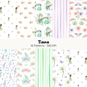 May include: A collection of ten watercolor patterns featuring various designs. The patterns include images of a princess, crowns, frogs playing guitars, musical notes, flowers, and stripes. The word "Tiana" is displayed in a black font, along with the text "10 Patterns - 300 DPI".