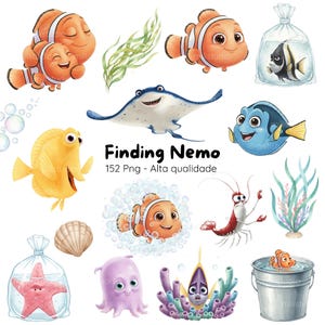 Pode incluir: Uma coleção de ilustrações em aquarela com personagens do filme "Procurando Nemo". As imagens incluem peixes-palhaço, um peixe cirurgião azul, uma manta e outras criaturas marinhas, juntamente com o texto "Finding Nemo" e "152 Png - Alta qualidade."