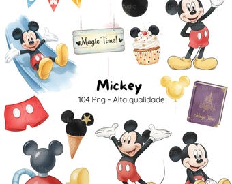 Könnte beinhalten: Eine Sammlung von Mickey Mouse-Illustrationen. Enthält Mickey Mouse in verschiedenen Posen, einen Cupcake, einen Ballon, ein Buch, Shorts und ein Schild mit der Aufschrift "Magic Time!". Der Text "Mickey" und "104 Png - Alta qualidade" sind ebenfalls vorhanden.