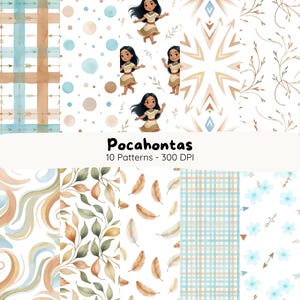 Pode incluir: Uma coleção de dez padrões em aquarela com temas nativos americanos. Os padrões incluem ilustrações de Pocahontas, formas geométricas, elementos florais e padrões xadrez em tons de azul, marrom e bege. O texto "Pocahontas 10 Patterns - 300 DPI" é exibido.