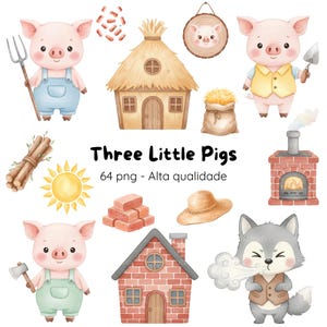 Three Little Pigs Watercolor Clipart • Storybook Birthday Decor Farm • Cute Farm Animal Clipart • Farm Birthday Decorations
