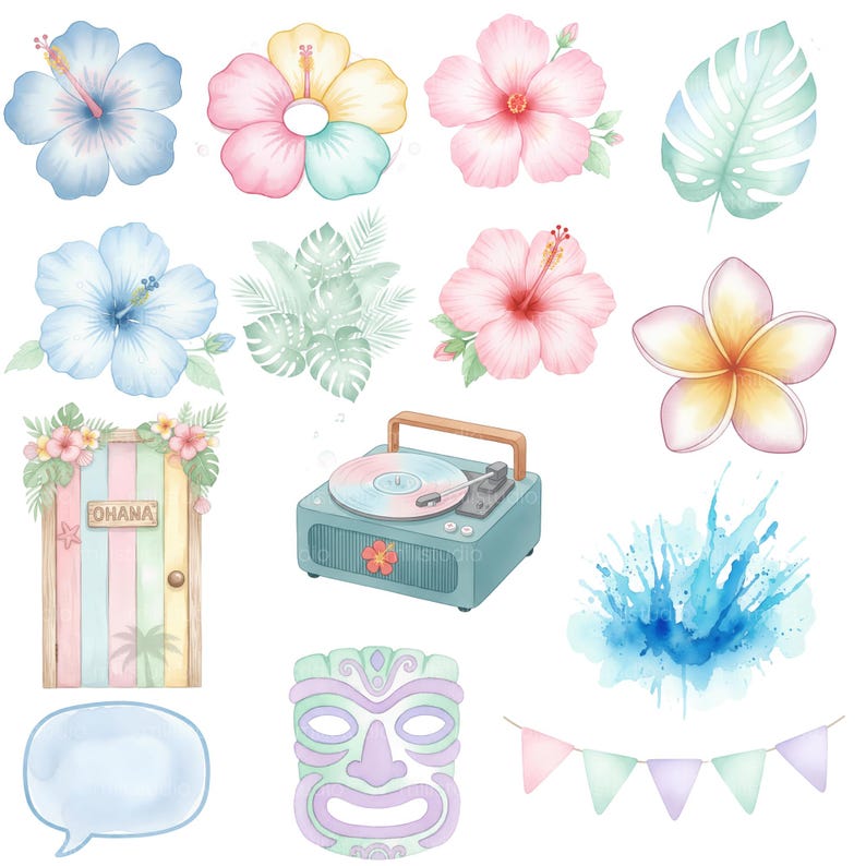 May include: Watercolor illustrations of tropical flowers, leaves, and a vintage record player in pastel colors. Includes a door with the word "Ohana", a tiki mask, speech bubble, and a banner.