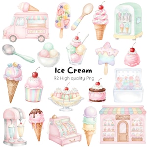 Puede incluir: Ilustración en acuarela de varios dulces de helado, incluyendo conos, paletas y copas. También se muestra un camión de helados rosa y una tienda con el texto "Sweet Creations". La imagen incluye el texto "Ice Cream" y "92 High quality Png".