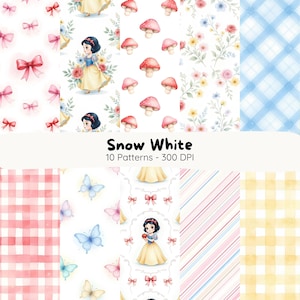 May include: A collection of ten watercolor patterns featuring Snow White and related motifs. Designs include Snow White illustrations, bows, mushrooms, butterflies, floral arrangements, and gingham and striped backgrounds. The text "Snow White 10 Patterns - 300 DPI" is displayed.