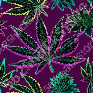 Puede incluir: Patrón repetitivo de hojas de cannabis estilizadas en tonos verdes, morados y neón. Las hojas presentan un diseño detallado sobre un fondo morado oscuro. El diseño se repite en toda la imagen.