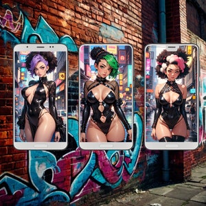 May include: Three smartphones displaying anime-style illustrations of women in black latex outfits. Each character has unique hair colors: purple, green, and pink. The background is a city street with neon signs and a brick wall with graffiti.