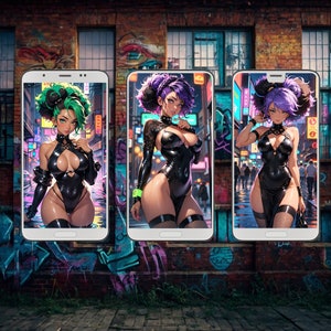 May include: Three smartphones displaying anime-style illustrations of women in black bodysuits. Each character has unique hair colors and styles, set against a neon-lit city backdrop. The phones are positioned in front of a brick wall with graffiti.