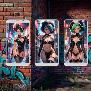 May include: Three smartphones displaying anime-style illustrations of women in black lingerie. The women have colorful hair and are set against a neon-lit city backdrop. The phones are positioned in front of a brick wall covered in graffiti.