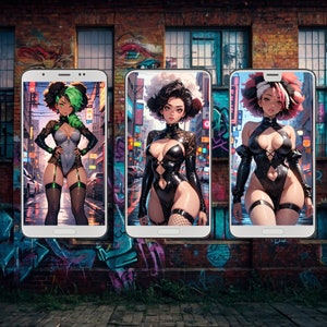 May include: Three smartphones displaying anime-style illustrations of women in various outfits. The women have unique hairstyles and are set against a city backdrop. The phones are positioned in front of a brick wall with graffiti.