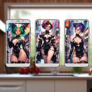 May include: Three smartphones displaying anime-style illustrations of women in black latex outfits. Each character has unique hair color and style, set against a vibrant city backdrop with neon signs. The phones are on a white surface.