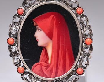 Vintage Italian St. Fabiola Portrait Brooch Pendant, Silver 800