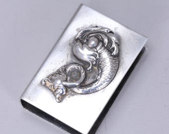 Estuche para cerillas de plata esterlina con diseño de peces, estilo Art Nouveau vintage
