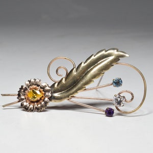 Vintage Collection Beautiful Design 12K Gilt Sterling Silver Flower with Multi Color Stone Inlaid Brooch