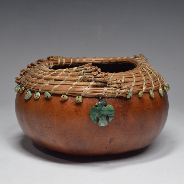 Vintage Collection Navajo Style Native American Gourd with Branch, Green Turquoise Stone Inlaid Bowl