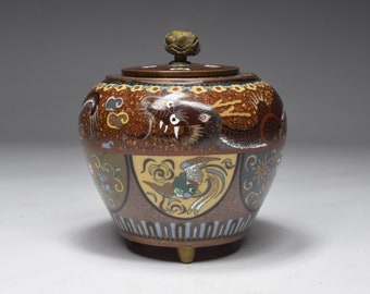 Vintage Kollektion japanischer Stil 七宝烧 Drache, Vogel, Blume, Schmetterling Muster Bronze Cloisonne Drei Füße Deckel kleines Glas