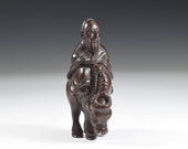 Vintage Japanese Collections Carved Wood Old Man with Ox Signed Netsuke