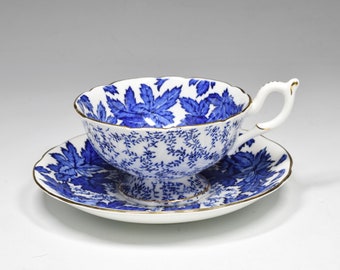 Vintage Coalport Blue leaves Set Footed Bone China Porcelain Teacup And Saucer