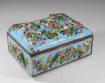 Vintage Kollektion chinesischen Stil Kupfer Basis Silber Platte blau Emaillieren Löwen Schmuck-Box