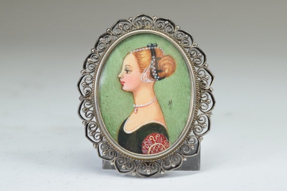 値下げ中★ヴィンテージ★シルバー★女性ポートレート ペンダント★ブローチ Vintage Collection Hand Painted Rare Beautiful Lady Silver