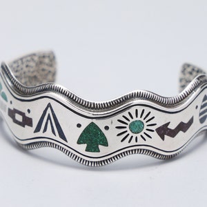 Southwestern Sterling Silver Storyteller Multi-Stone Inlay Wavy Cuff Bangle Bracelet