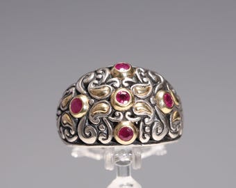 Vintage Ornate Samuel Benham Ruby BJC Sterling Silver 18K Gold #6.5 Ring
