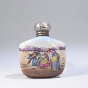 Vintage Collection Painted The Gleaners Glassware with Sterling Silver Lid Tiny Flat Bottle