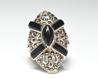 Vintage Sterling Silber 925 Art Deco Markasit Onyx Statement Ring 7,5