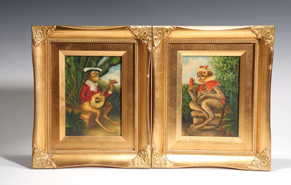 R.Todd 作 油絵「板の上にいる猿のペア」 - Etsy 日本