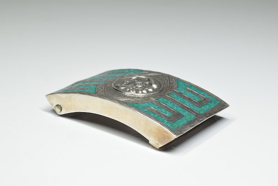 Vintage Sterling Silver Turquoise Inlay Aztec Belt Buckle 925 Vintage Mexican Crushed Turquoise Inlay Silver Aztec Belt  main image 3