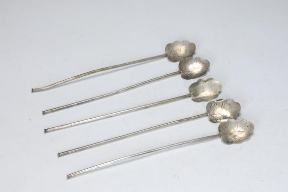 Leaf Shape Sterling Silver 5 of Spoons for Stirrers