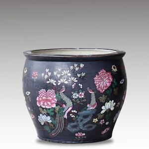 Large Chinese Famille Rose Black Glazed with Gold Fish, Peacock, Flower Pattern Porcelain Jardiniere