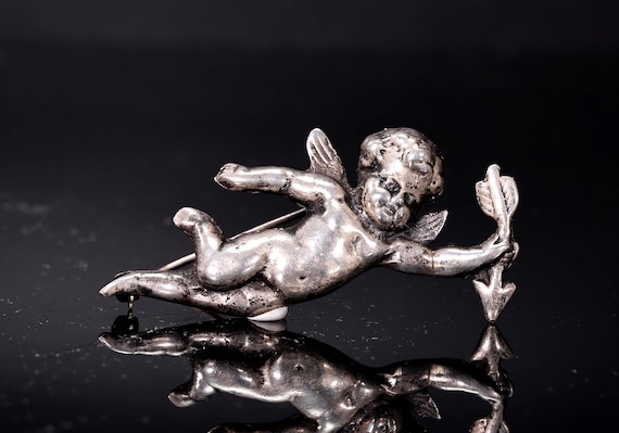 Vintage Angel Cherub Cupid Arrow Sterling Silver Brooch