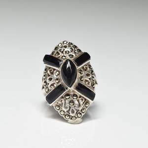 Vintage Sterling Silver 925 Art Deco Marcasite Onyx Statement Ring 7.5