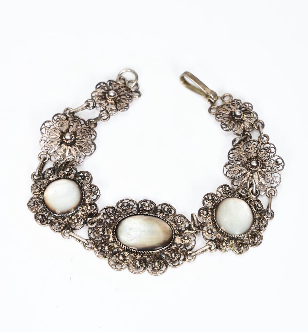 Sterling Silver Mother of Pearl Oval Filigree Bracelet - Etsy