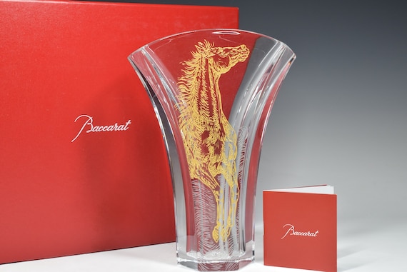 Baccarat Ginkgo Crystal Vase With Horse Pattern Signed With