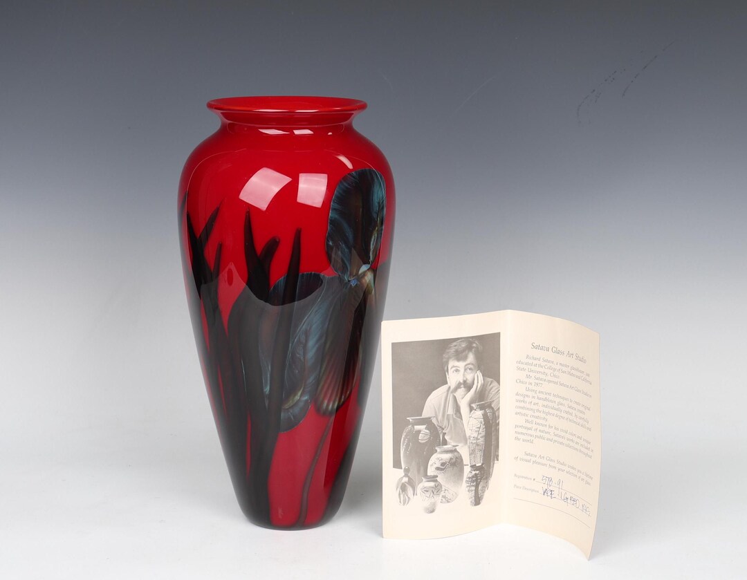 Art Glass Richard Satava Blue Iris Red Glass Vase Signed 1991 - Etsy