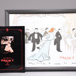 May include: A framed print and a book. The print depicts a stylized illustration of a social gathering, with figures in formal attire. The book cover is black with the text "Residence Maxim's de Paris" in red.