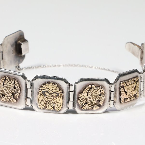 Vintage Sterling Silver&18k Yellow Gold Peruvian Deity Bracelet With Safety Chain