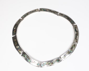 Vintage Taxco Mexico Catalan Inlaid Abalone Shell Sterling Silver Choker Necklace