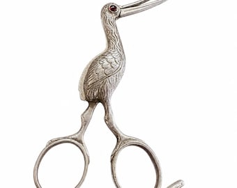 Rare French Sterling Silver Sewing Stork Scissors  With Red Stone Eyes