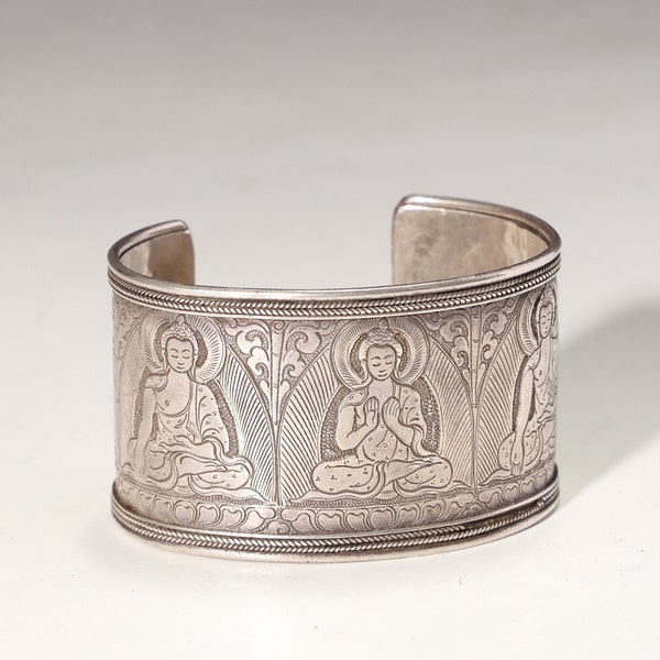 Vintage Five Family Buddha Sterling Silver Cuff Bracelet