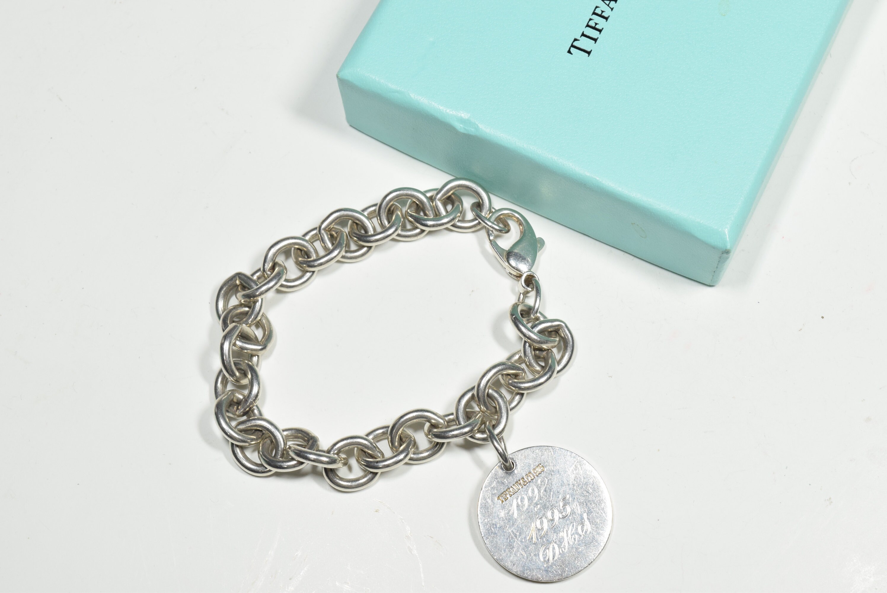 Vintage Tiffany & Co.round Tag Charm Sterling Silver 925 Bracelet