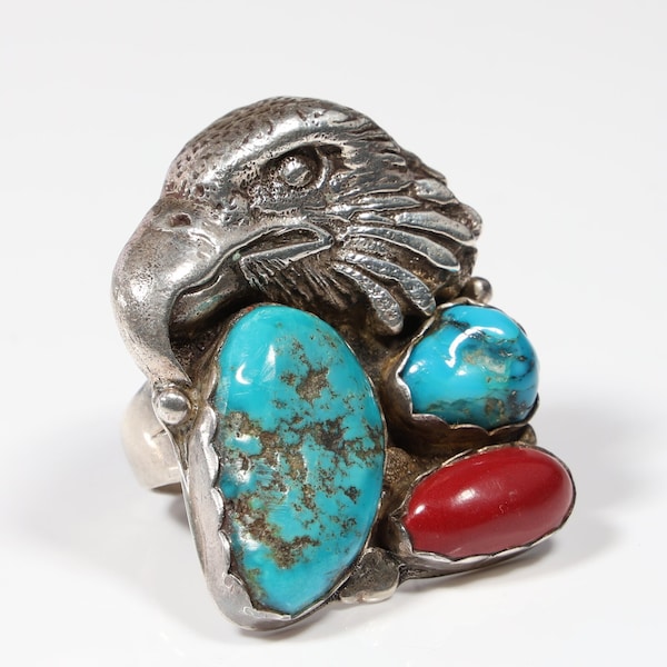 Rare Navajo Sterling Silver Eagle Head Turquoise Coral Designer Singed Ring Sz 13