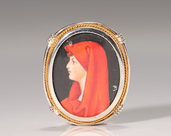 Vintage Italian Hand Painted St. Fabiola Portrait Silver Signed Brooch