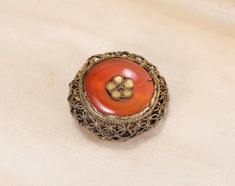 Vintage Brass Filigree Carnelian Small Belt Buckle