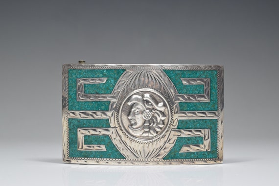 Vintage Silver Tone Turquoise Mexico Belt Buckle Vintage Mexican Sterling Silver Turquoise Belt Buckle  main image 3