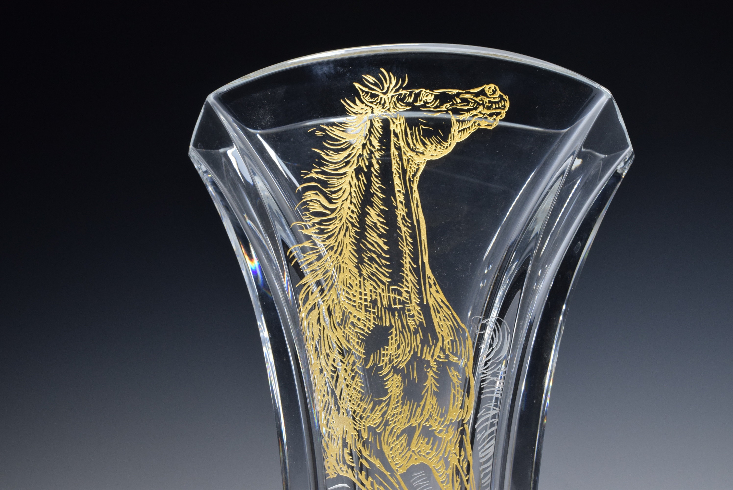 Baccarat Ginkgo Crystal Vase With Horse Pattern Signed With